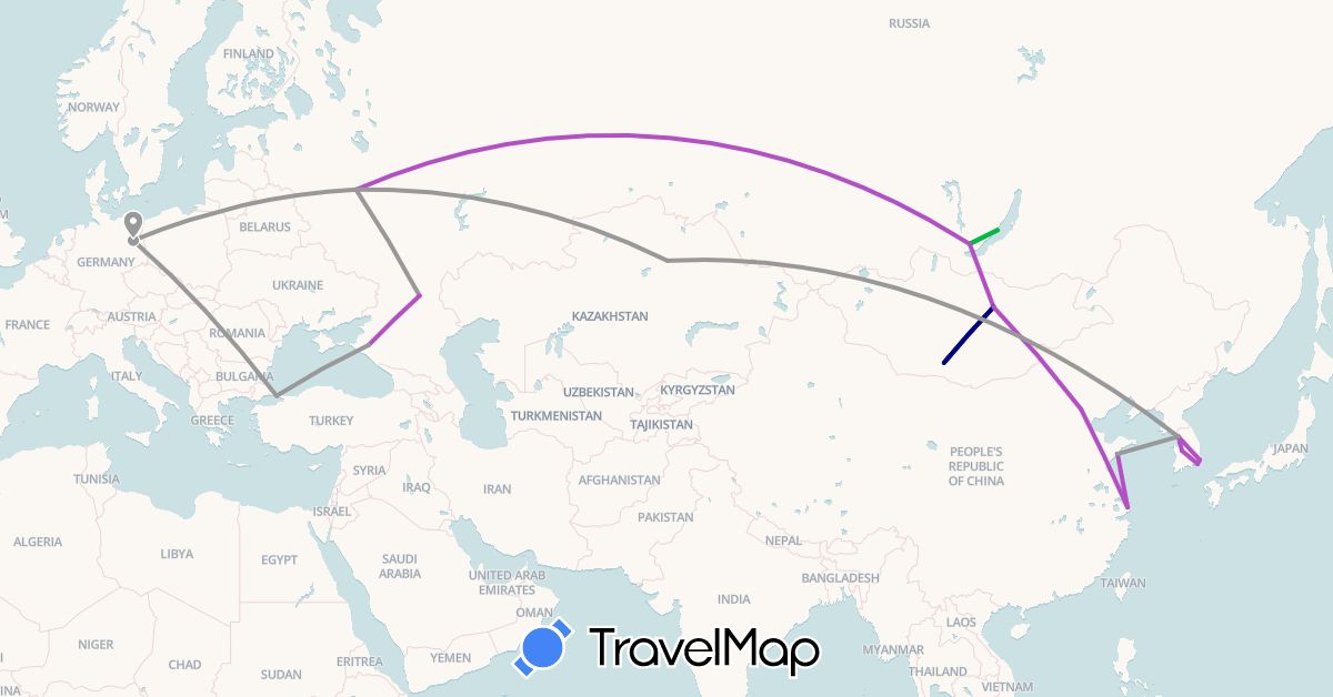 TravelMap itinerary: driving, bus, plane, train in China, Germany, South Korea, Kazakhstan, Mongolia, Russia, Turkey (Asia, Europe)